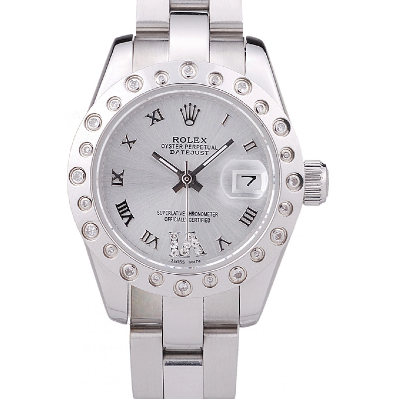 Aaa replica watch 7474 Dial Datejust Silver Bezel Diamonds Silver Polished Rolex 0620